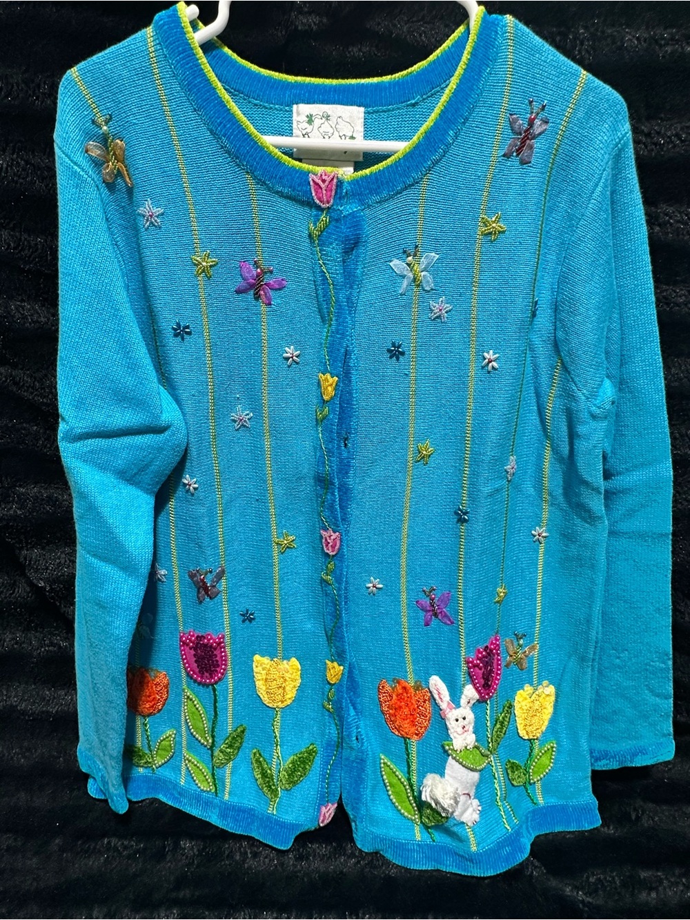 Quacker Factory Vintage Beaded Easter Cardigan Sweater